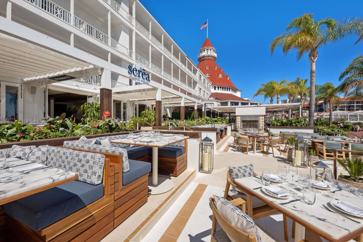 The multi-level patio of Serea, where 60 percent of the restaurant's seating is outdoors — to make the most of the Hotel del Coronado's iconic setting. 