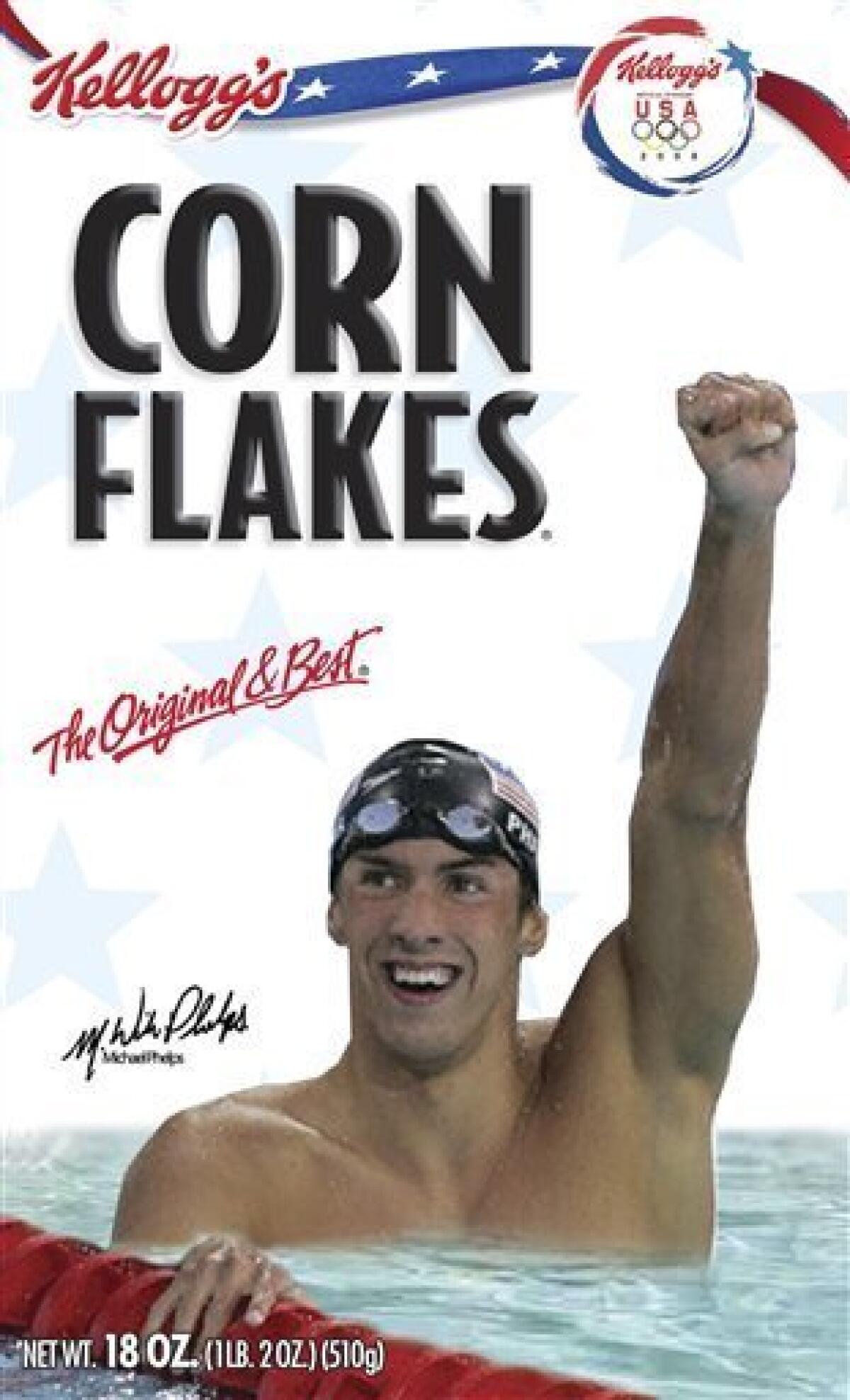In this file photo provided Kellogg Co., shows a prototype of a box of Kellogg's Corn Flakes featuring U.S. swimming star Michael Phelps. Bursting with indignation, legions of marijuana advocates are urging a boycott of Kellogg Co., including all of its popular munchies, for deciding to cut ties with Olympic hero Michael Phelps after he was photographed with a pot pipe. (AP Photo/Kellogg Co.)