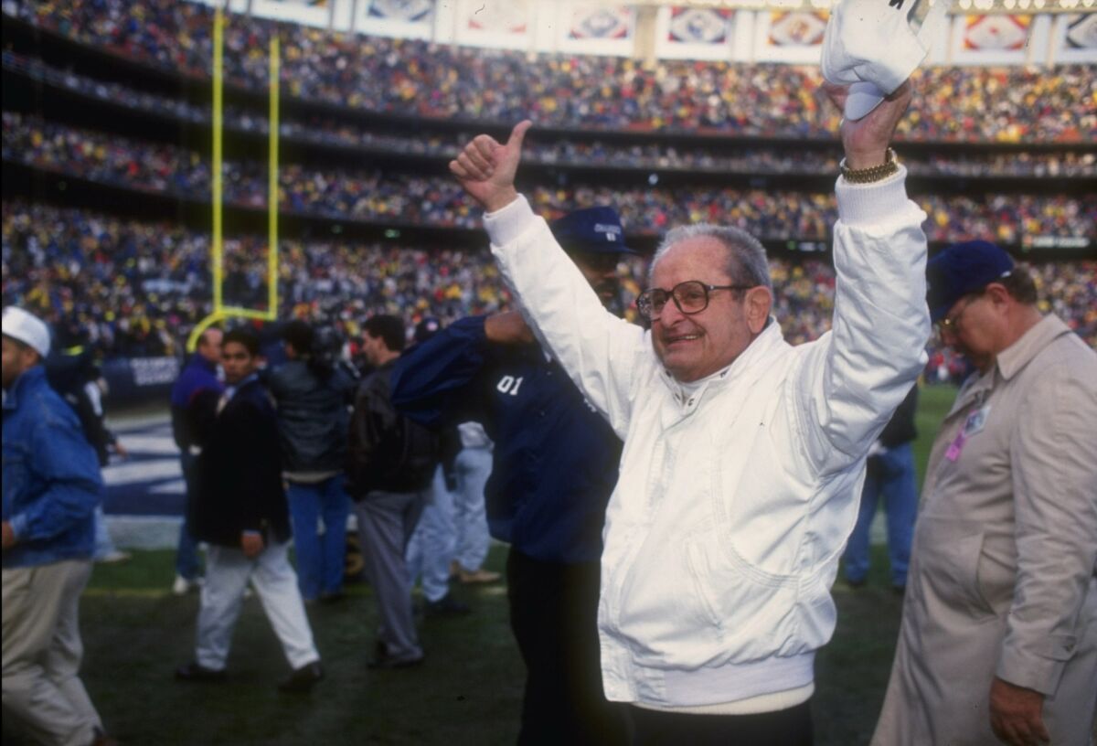 San Diego Chargers owner Alex Spanos celebrates during a playoff game against the Kansas City Chiefs at Jack Murphy Stadium in San Diego on Jan. 2, 1993.
