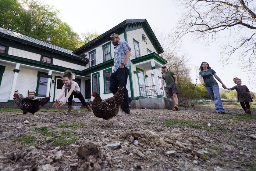 Soraya Holden (izquierda) persigue a un pollo junto a otros miembros de su familia frente a su casa en Proctor, Vermont