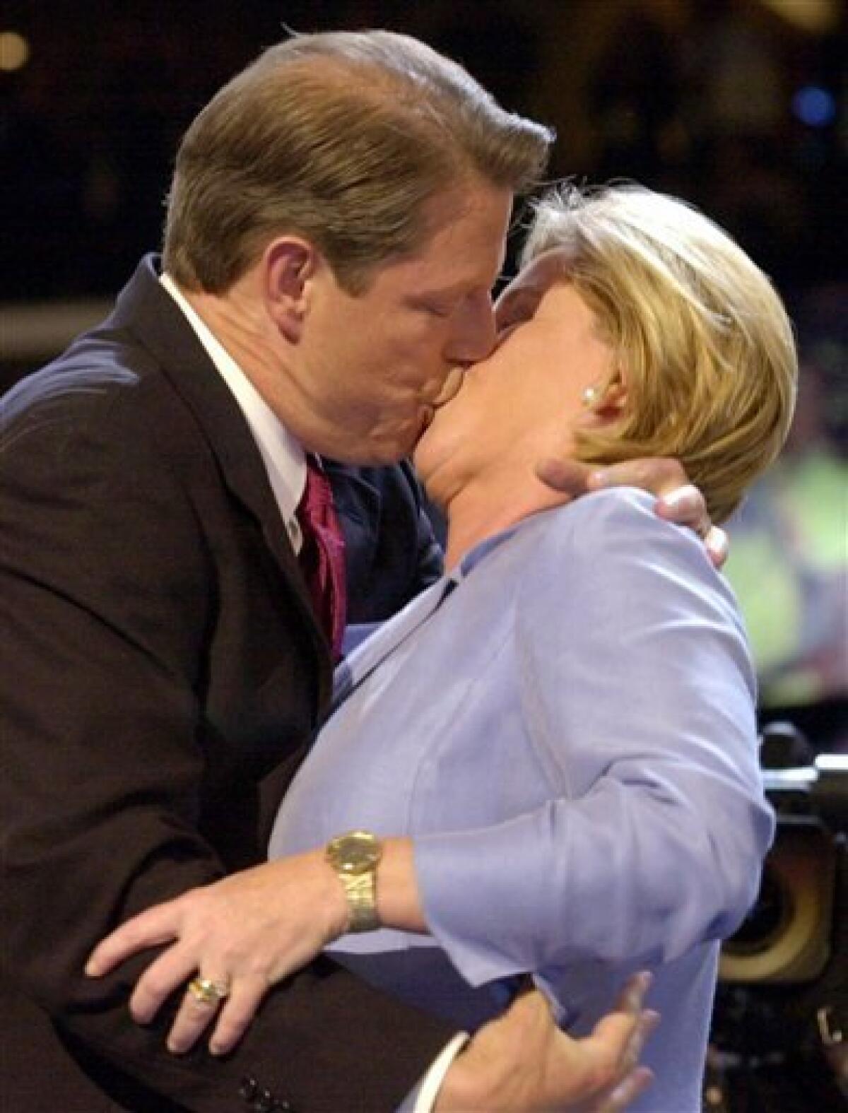 FILE - In this Aug. 17, 2000 file photo. then-Vice President Al Gore kisses his wife Tipper as he steps onto the stage at the Democratic National Convention in Los Angeles. Former Vice President Al Gore and his wife, Tipper, are separating after 40 years of marriage. (AP Photo/Stephen Savoia, File)
