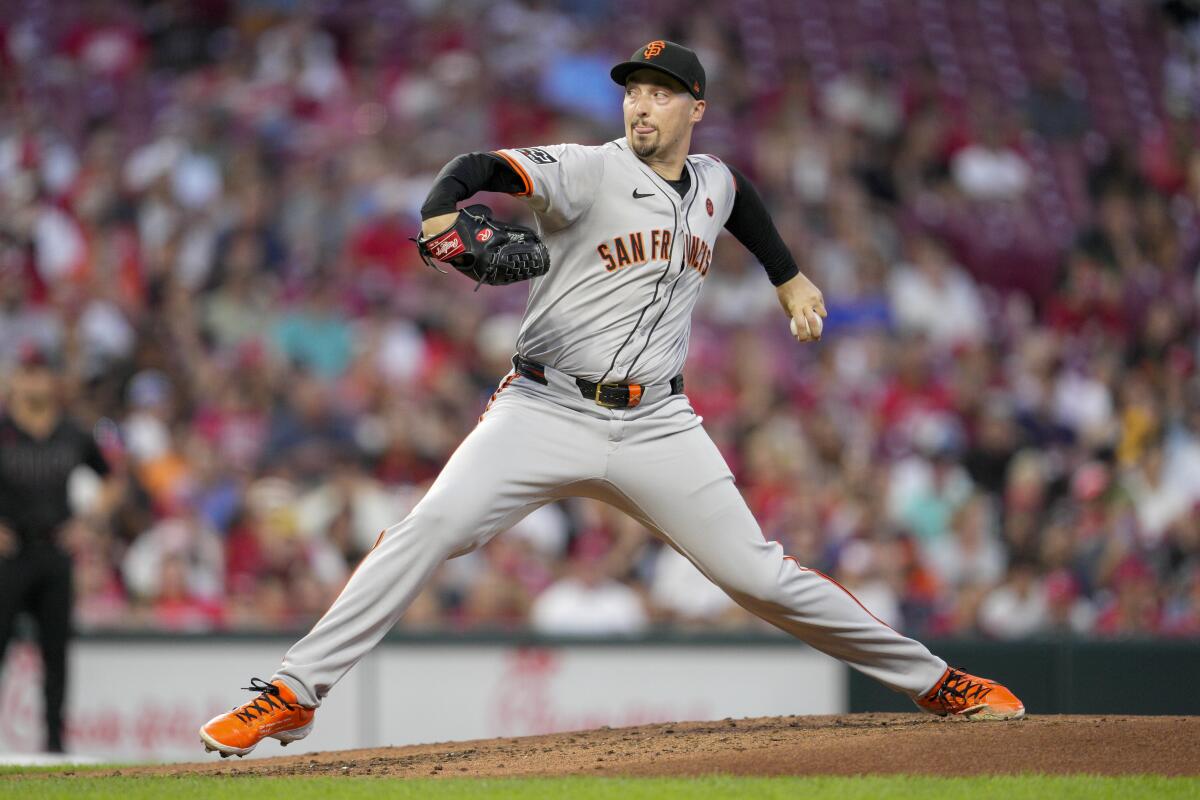 San Francisco Giants pitcher Blake Snell throws during the second inning of a baseball game against the Cincinnati Reds