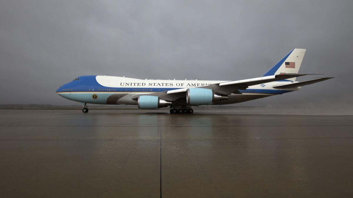 Air Force One, with President Trump aboard, prepares to take off in 2017.