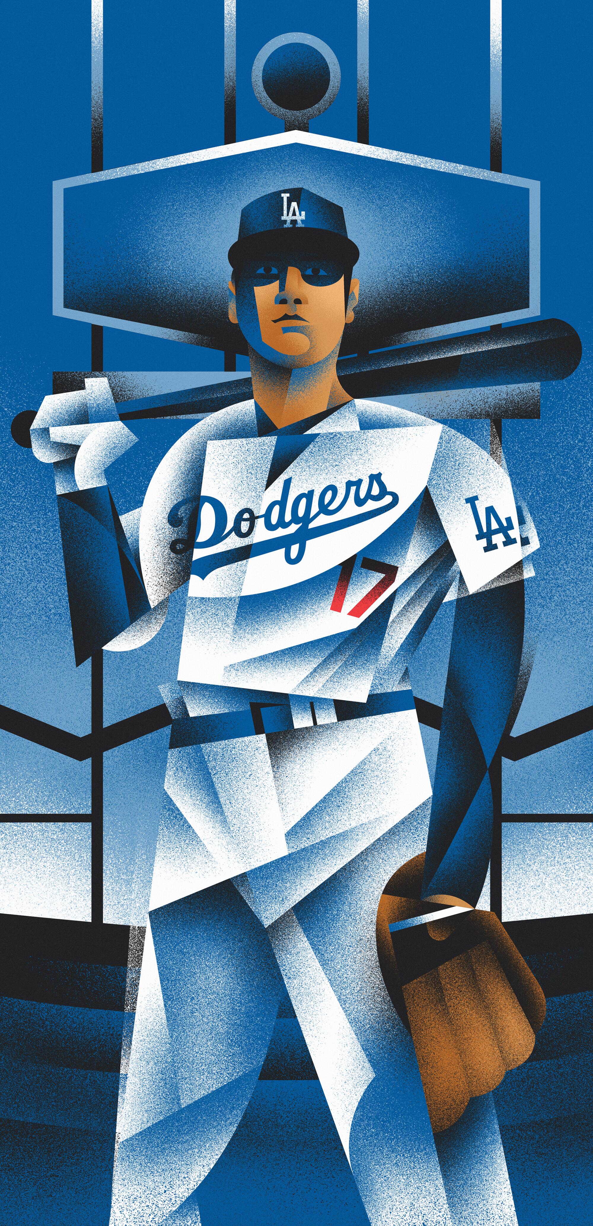 Illustration dans le style cubiste de Shohei Ohtani portant un uniforme des Dodgers tenant une chauve-souris sur ses épaules