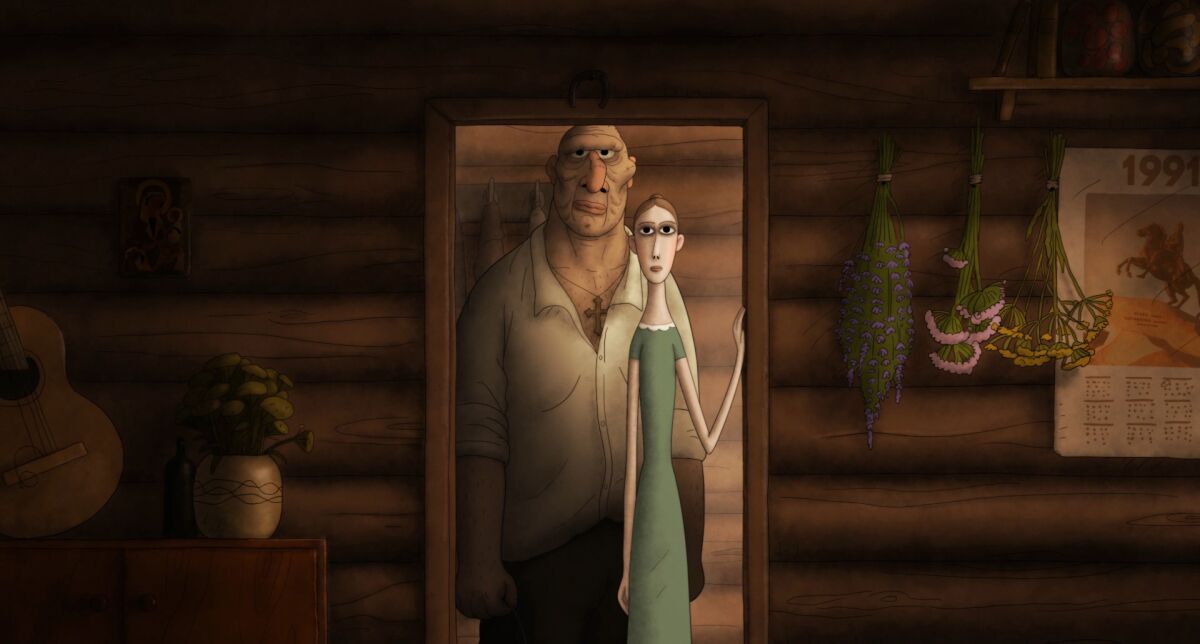 A big boxer stands with a slight ballerina in a scene from Anton Dyakov's animated "Boxballet."