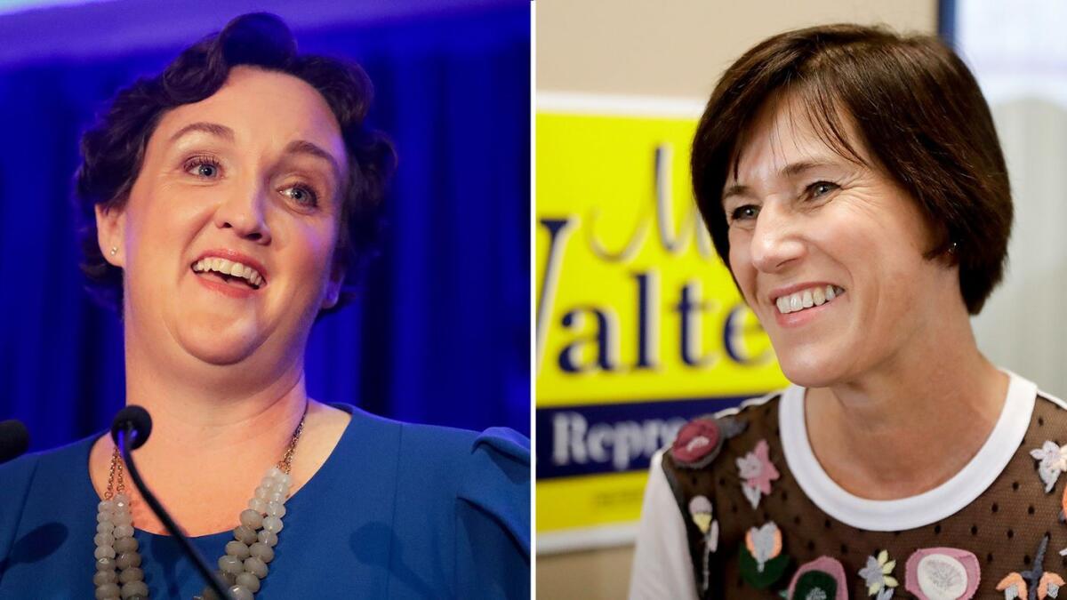 Nine days ago, Rep. Mimi Walters, right, looked headed for reelection. Now Democrat Katie Porter looks to be the winner.