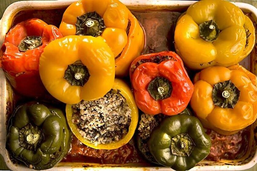 Rich and filling. Recipe: Roasted peppers stuffed with quinoa