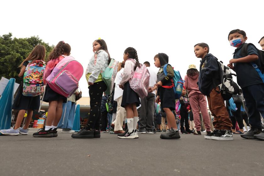 Los Angeles, CA - August 14: Lenicia B. Weemes Elementary School on Monday, Aug. 14, 2023 in Los Angeles, CA. Fourth grade students form lines as they assemble for the first day of school at Lenicia B. Weemes Elementary School on the first day of classes for LAUSD students. (Al Seib / For The Times)