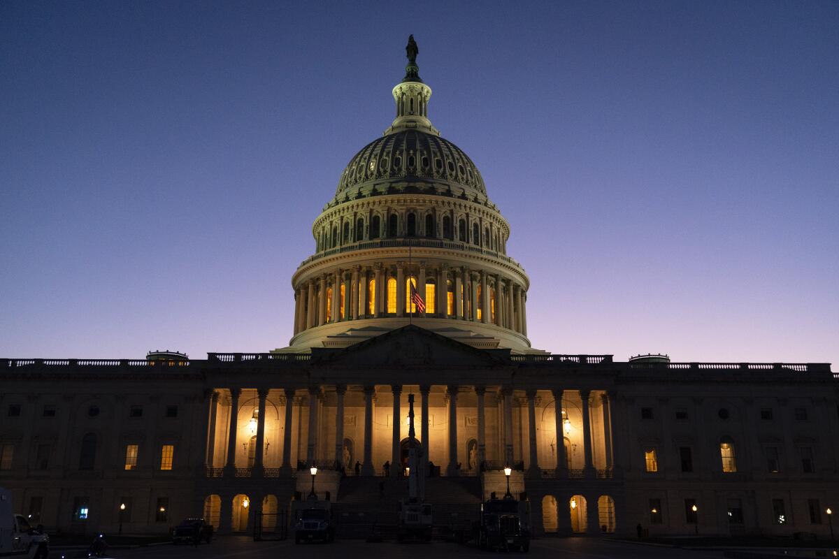 The U.S. Capitol at sunset.