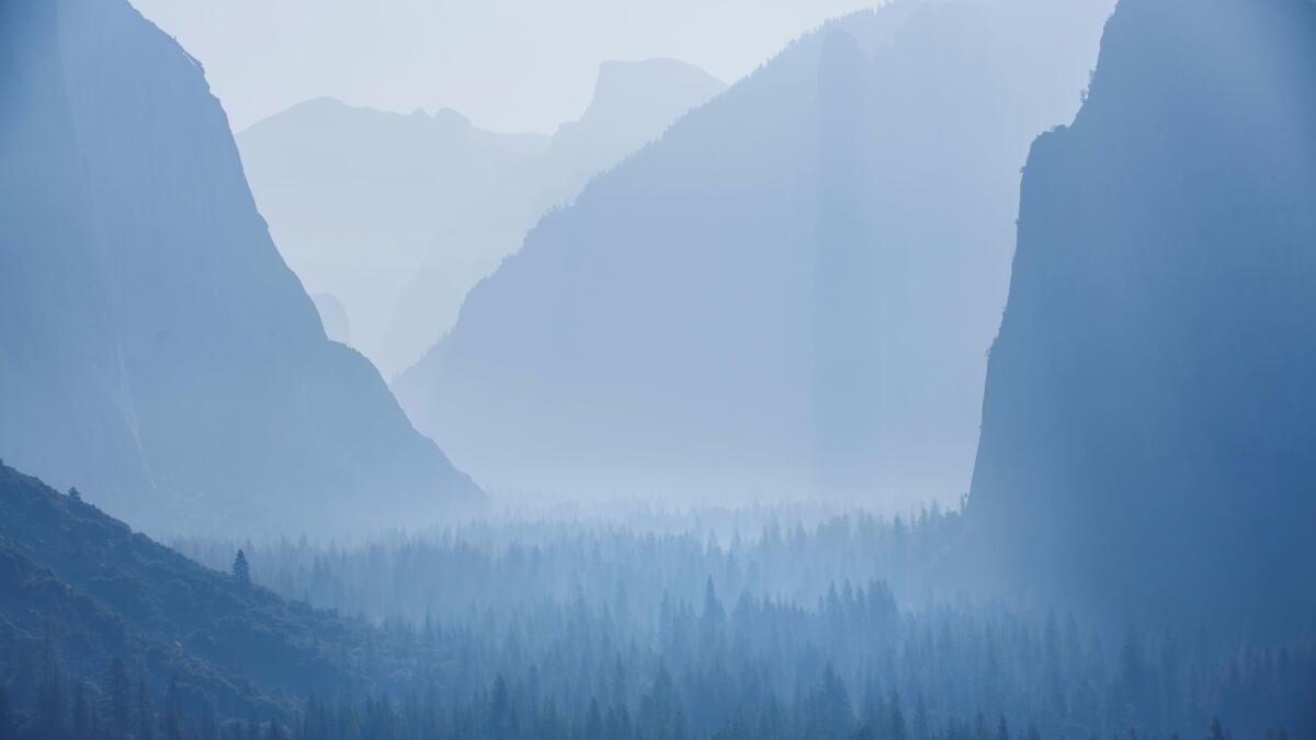 Smoke from the Detwiler fire blankets the entire Yosemite Valley, as seen from the Tunnel View in Yosemite National Park.