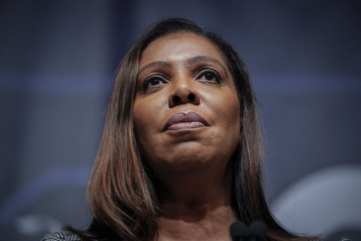 FILE - New York State Attorney General Letitia James speaks during the New York State Democratic Convention in New York, Thursday, Feb. 17, 2022. An appeals court in New York has dismissed James’ lawsuit against Amazon, Tuesday, May 10. Besides potentially exposing workers to the virus at two Amazon facilities in New York City, the lawsuit filed by James last year had said the company illegally retaliated against workers who spoke up about poor safety conditions. (AP Photo/Seth Wenig, File)