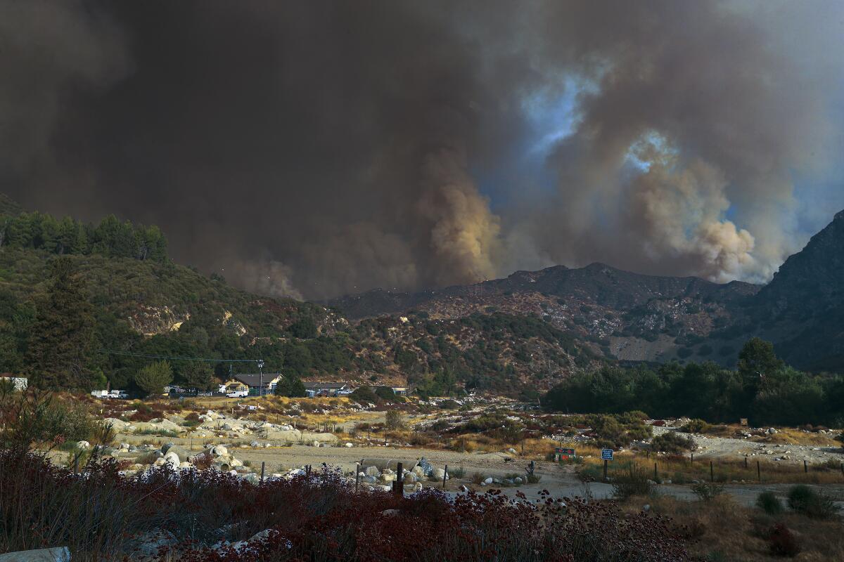 The Bobcat fire rages above Rincon Fire Station on Highway 39 in the San Gabriel Mountains. 