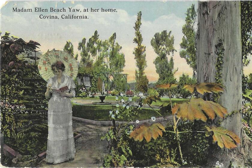 A vintage postcard shows Ellen Beach Yaw in a lush garden, holding a parasol and looking at an open book.