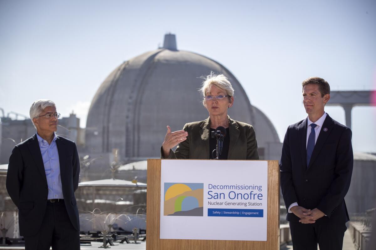 U.S. Energy Secretary Jennifer Granholm speaks at the shuttered San Onofre nuclear plant in San Diego County.