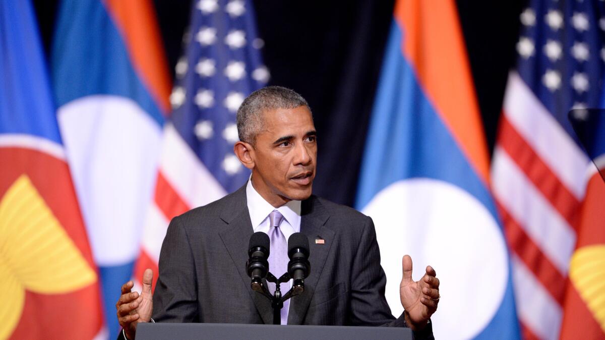 President Obama speaks Tuesday in Vientiane, Laos.