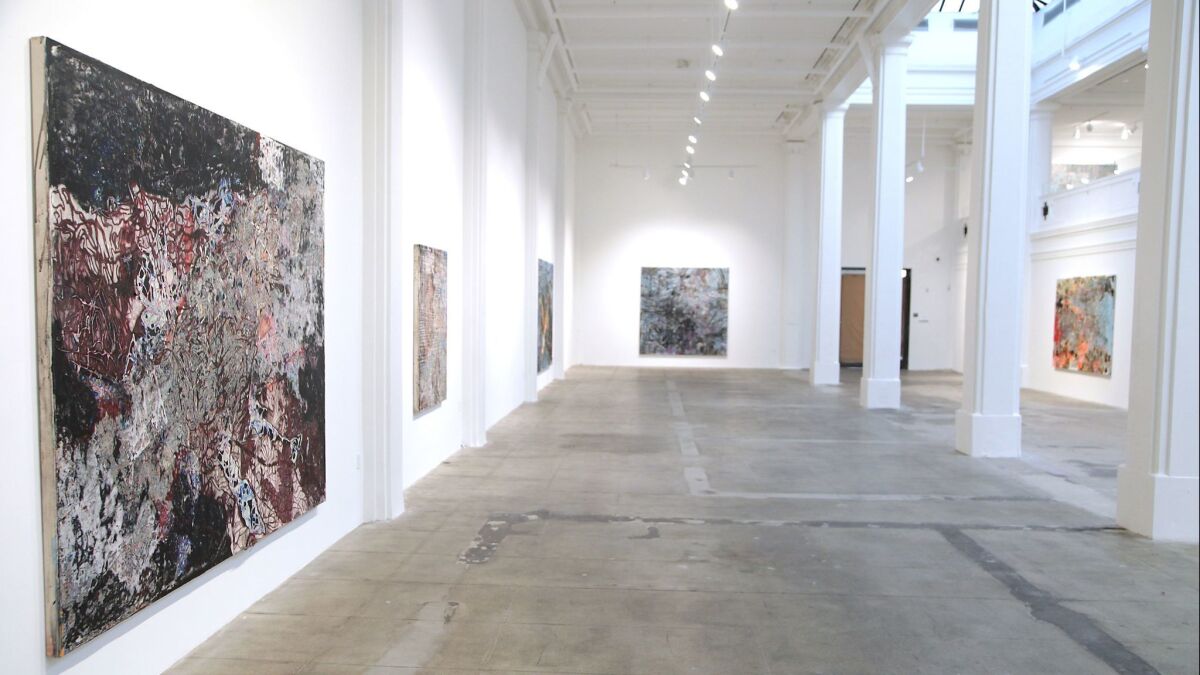An installation view of Mark Bradford's new paintings at Hauser & Wirth.