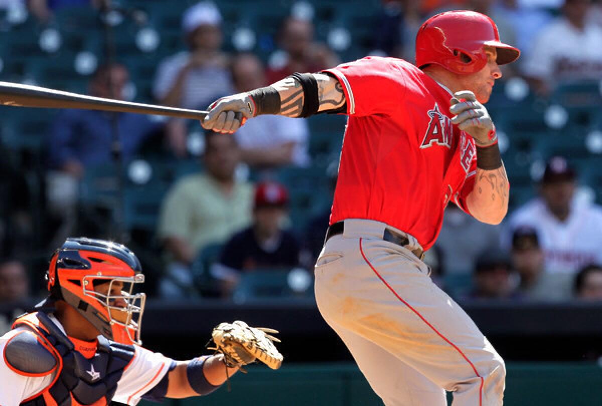 Angels left fielder Josh Hamilton, singling in the ninth inning of a game against Houston on Monday, has been placed on the 15-day disabled list because of a left thumb injury.