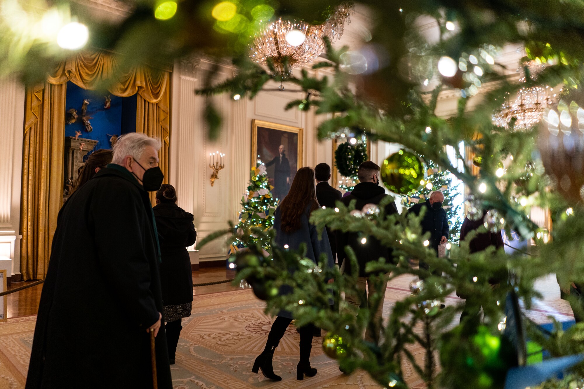 مردم در حال تماشای تزئینات کریسمس در اتاق شرقی کاخ سفید هستند.