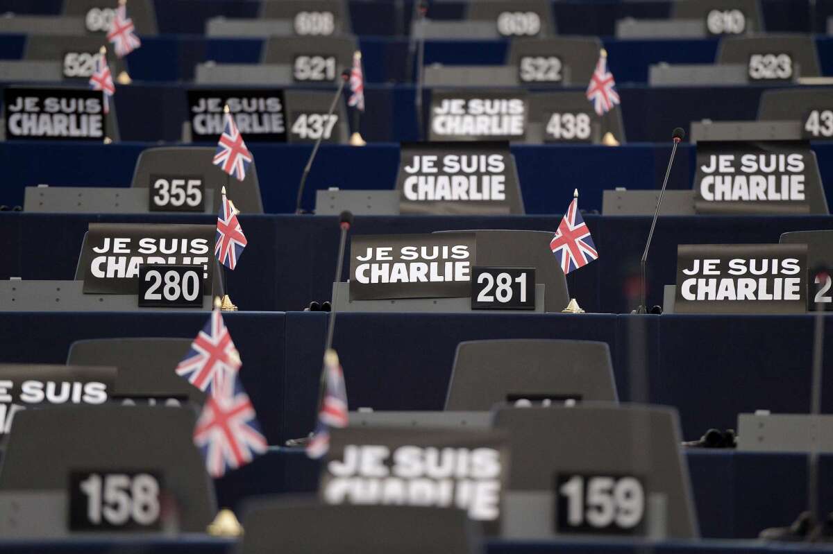 Placards which read "Je Suis Charlie" are displayed in the European Parliament on Jan. 13, 2015 in Strasbourg, France.
