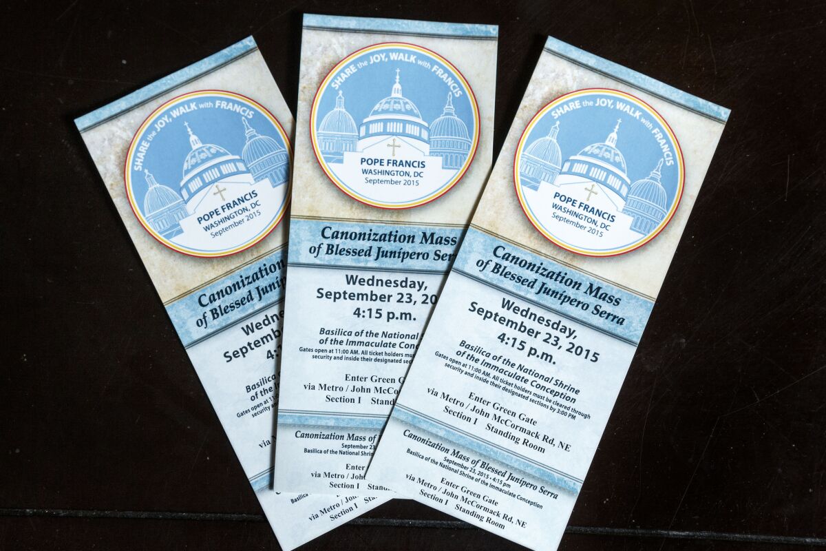 Tickets for Pope Francis' visit to Washington, D.C., during which he will canonize Junipero Serra during a special Mass.