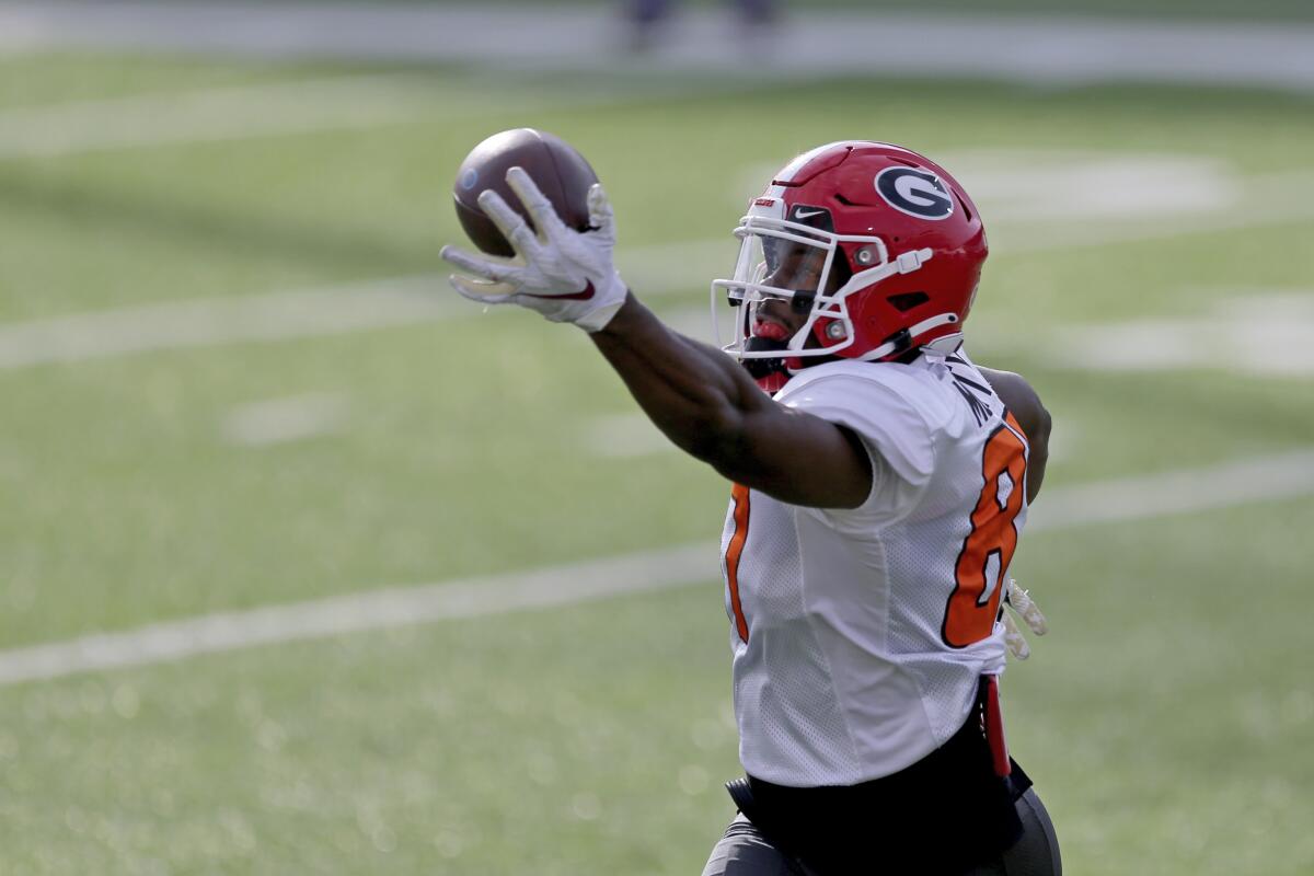 Tre' McKitty of Georgia makes a one-handed catch during a Senior Bowl practice.