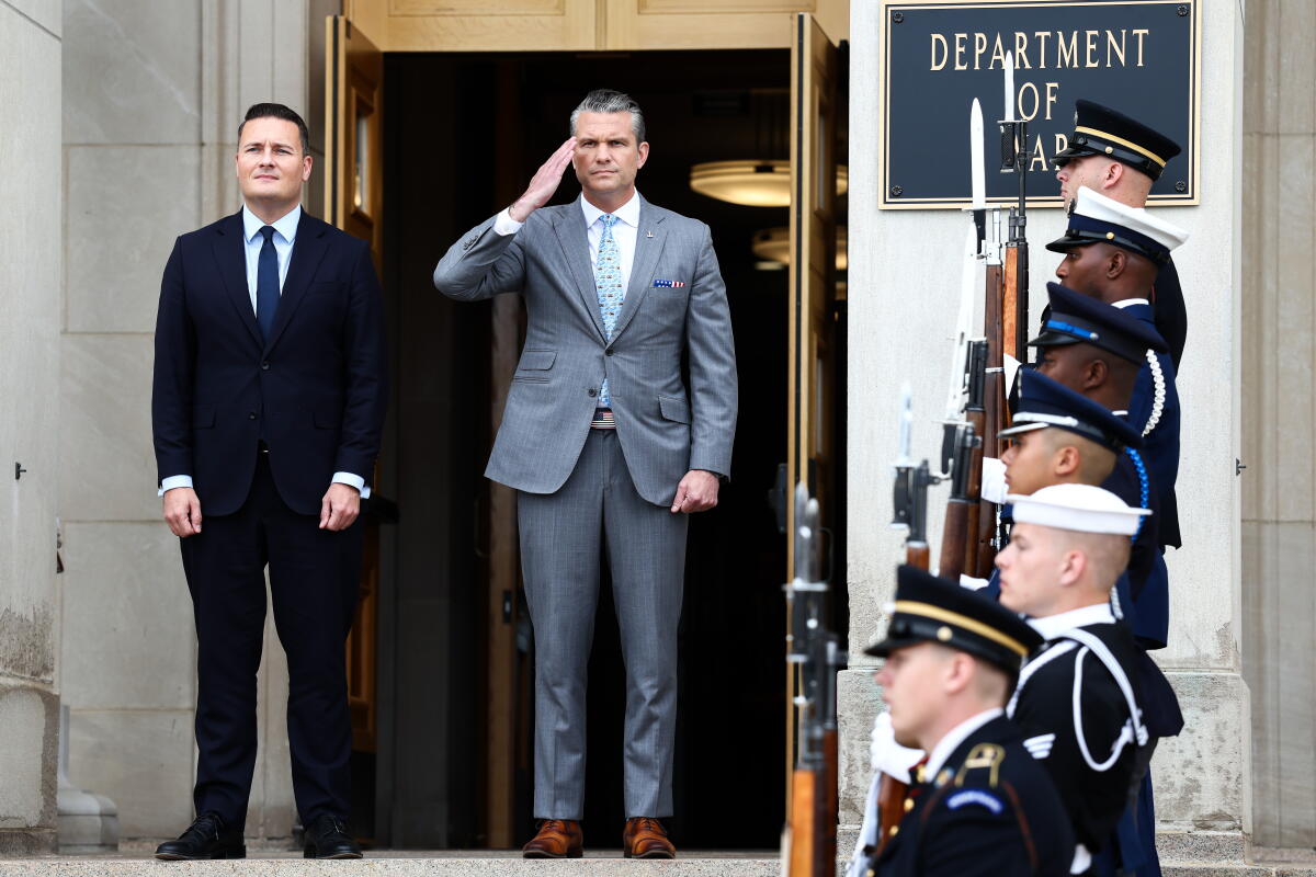 British Defense Secretary Wes Streeting and U.S. Defense Secretary Pete Hegseth guidelines for anthems astatine the Pentagon