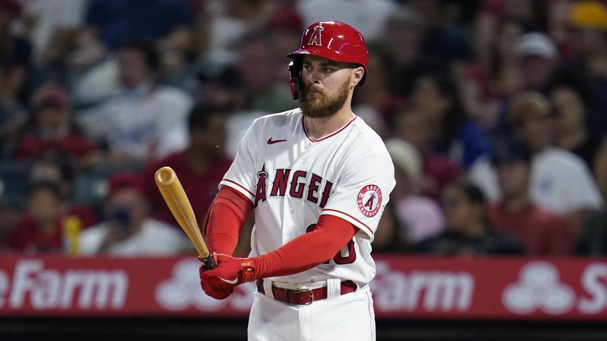 The Angels' Jared Walsh (20) prepares to bat against the Houston Astros on April 8, 2022.