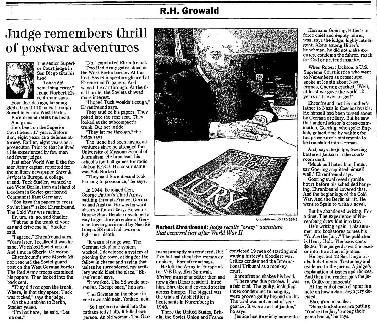"Judge remembers thrill of postwar adventures," published in The San Diego Union-Tribune Aug. 15, 1992.
