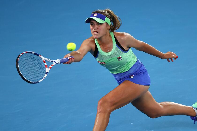 MELBOURNE, AUSTRALIA - FEBRUARY 01: Sofia Kenin of the United States plays a forehand during her Women's Singles Final match against Garbine Muguruza of Spain on day thirteen of the 2020 Australian Open at Melbourne Park on February 01, 2020 in Melbourne, Australia. (Photo by Graham Denholm/Getty Images)