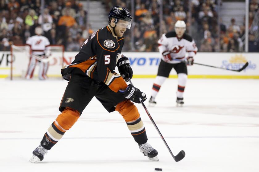 Ducks defenseman Korbinian Holzer had two assists against the Devils during the first period.