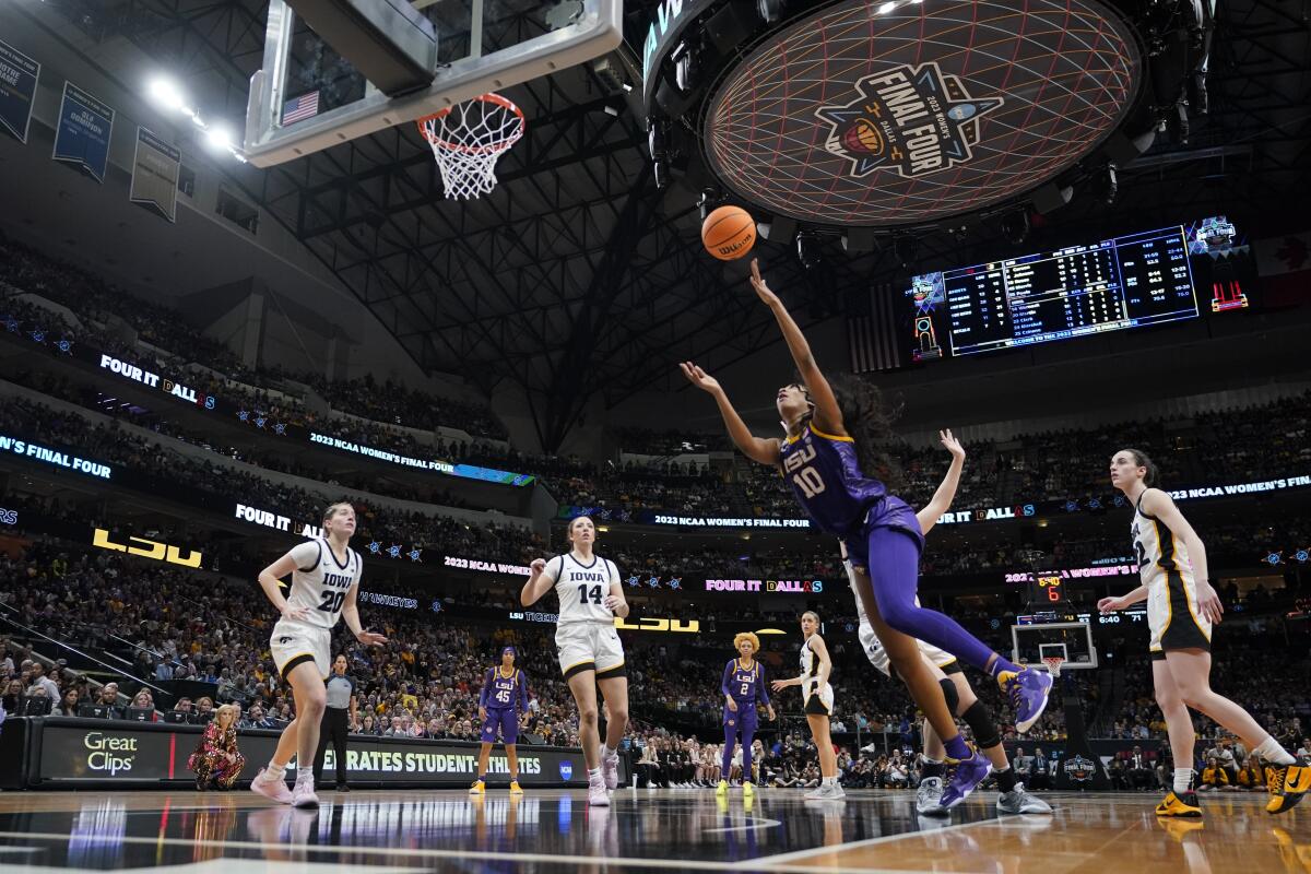 LSU's Angel Reese shoots during the second half of the NCAA Women's Final Four championship basketball game.