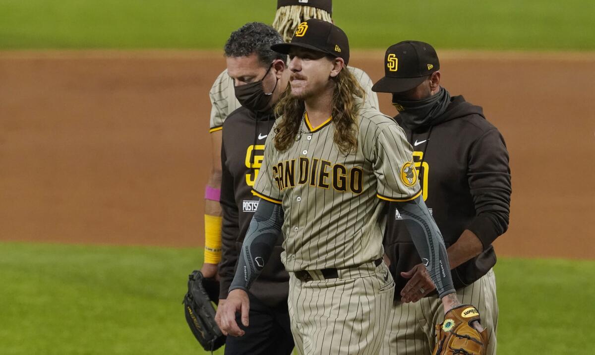 San Diego Padres starting pitcher Mike Clevinger leaves the game with an injury during the second inning.