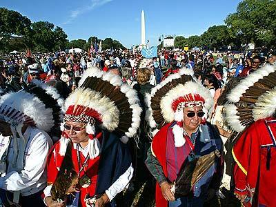 Cheyenne chiefs gather with thousands of other American Indians on the National Mall for the start of the Native Nations Procession to help dedicate the Smithsonian's National Museum of the American Indian.