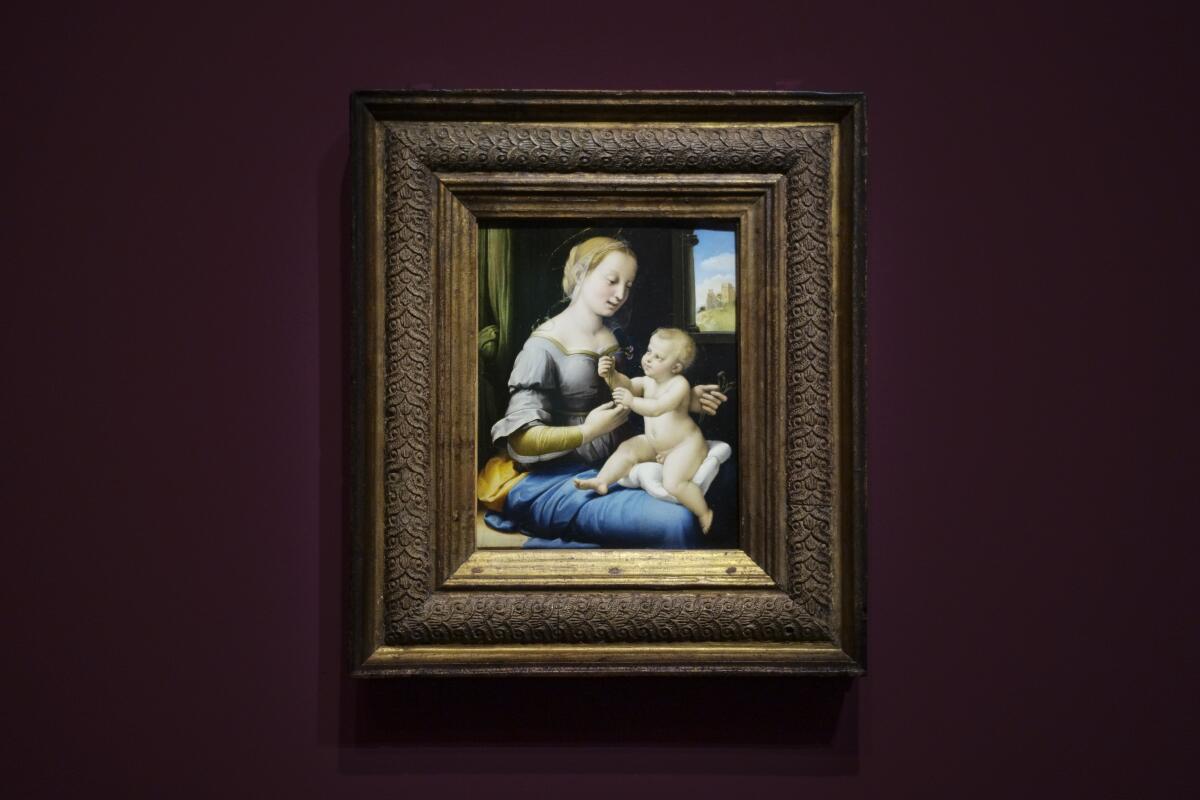 The painting ‚Madonna of the Pinks' of Renaissance artist Raphael from London's National Gallery is on display at an exhibition at the Gemaeldegalerie in Berlin, Wednesday, Germany in 2019. Berlin is opening the first of several Raphael exhibitions as the art world celebrates the 500th anniversary of his death in 2020. The show is dedicated to five famous Madonna paintings by the renowned Renaissance master that belong to Berlin's Gemaeldegalerie collections and another masterpiece of the Virgin Mary that is on loan from the National Gallery in London.