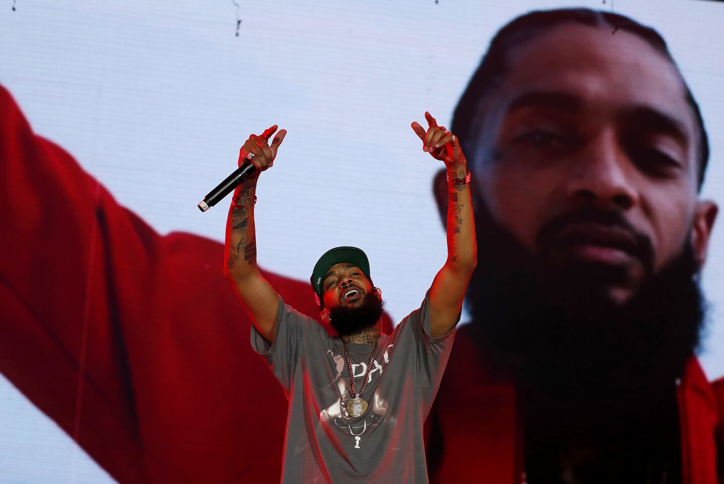Nipsey Hussle performs during the Rolling Loud festival at Exposition Park on Dec. 14, 2018.