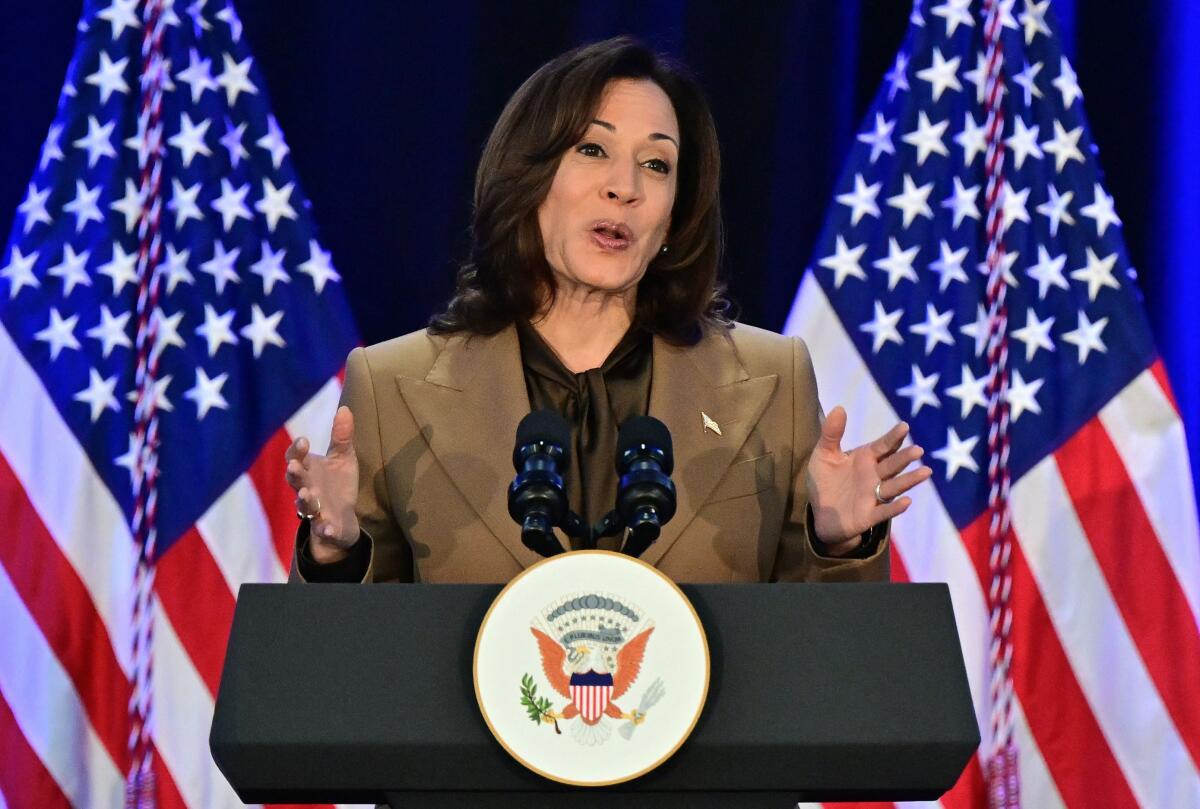 Vice President Kamala Harris holds up her hands as she speaks from a lectern with an eagle seal, in front of 2 American flags