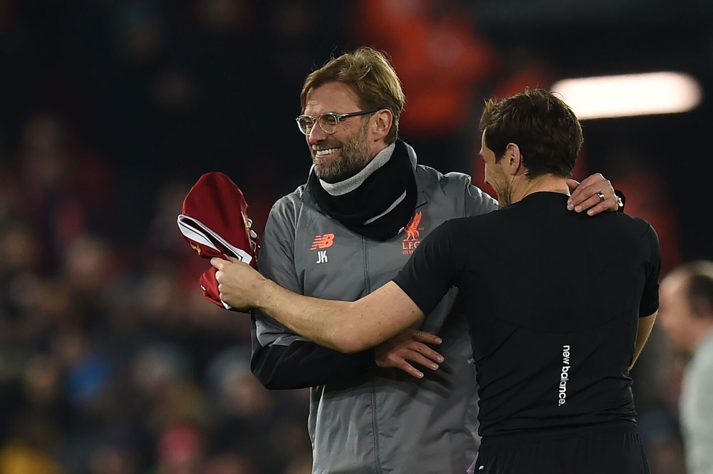 Liverpool's German manager Jurgen Klopp (L) greets Porto's Spanish goalkeeper Iker Casillas after the UEFA Champions League round of sixteen second leg football match between Liverpool and FC Porto at Anfield in Liverpool, north-west England on March 6, 2018. / AFP PHOTO / PAUL ELLISPAUL ELLIS/AFP/Getty Images ** OUTS - ELSENT, FPG, CM - OUTS * NM, PH, VA if sourced by CT, LA or MoD **