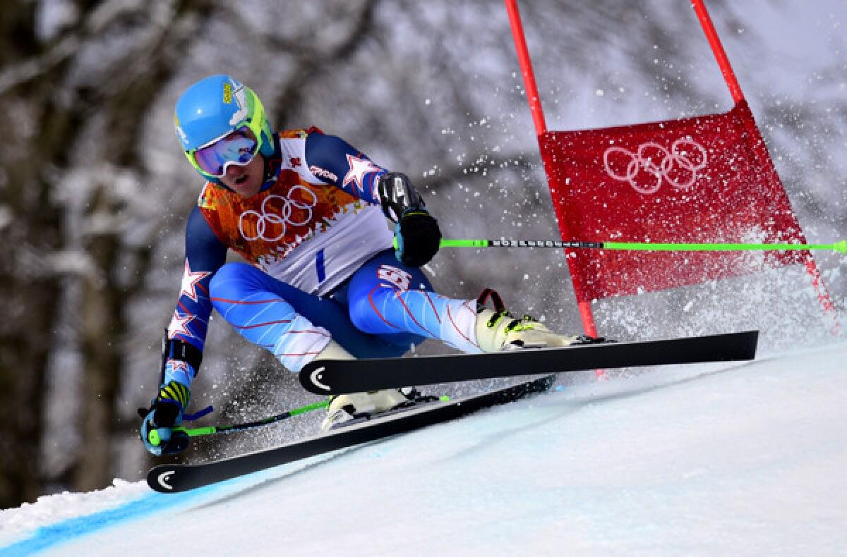 American skier Ted Ligety makes his first run in the men's giant slalom at the Sochi Olympics on Wednesday at Rosa Khutor Alpine Center.