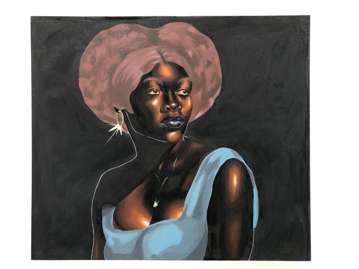 A painting in warm brown tones shows a Black woman with a blue dress and pink hair and glimmering skin.