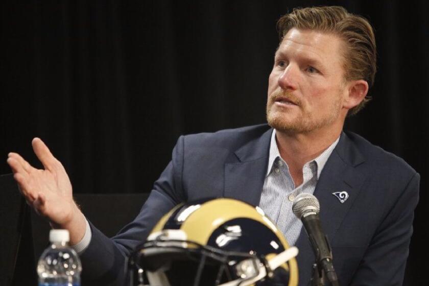 Rams General Manager Les Snead speaks at Coach Sean McVay's introductory news conference on Jan. 13.