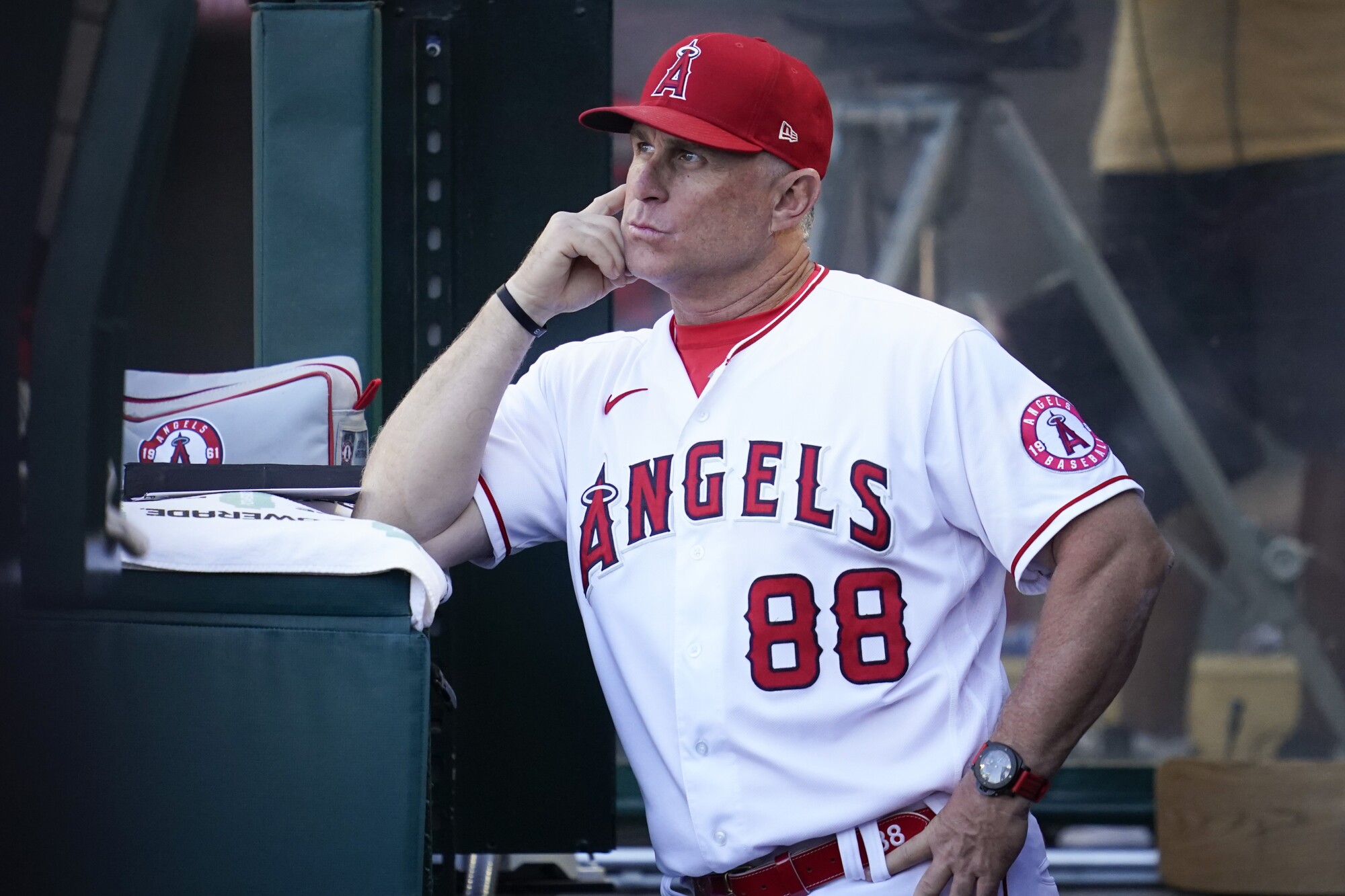 Le manager par intérim des Angels, Phil Nevin, se tient dans la pirogue avant un match contre les Royals de Kansas City le 20 juin.