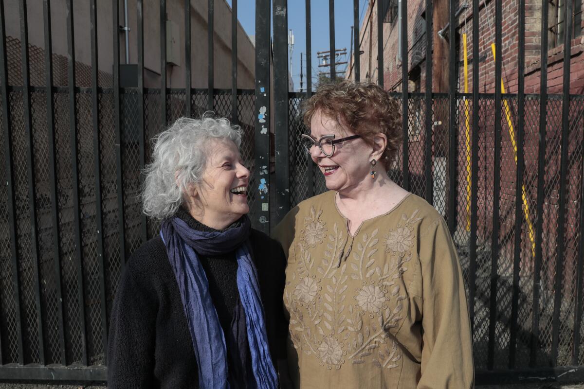 Constance Mallinson, left, and Merion Estes in downtown Los Angeles