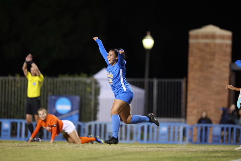 UCLA lead goal scorer Sunshine Fontes celebrating after a goal against Virginia in the NCAA quarterfinals.