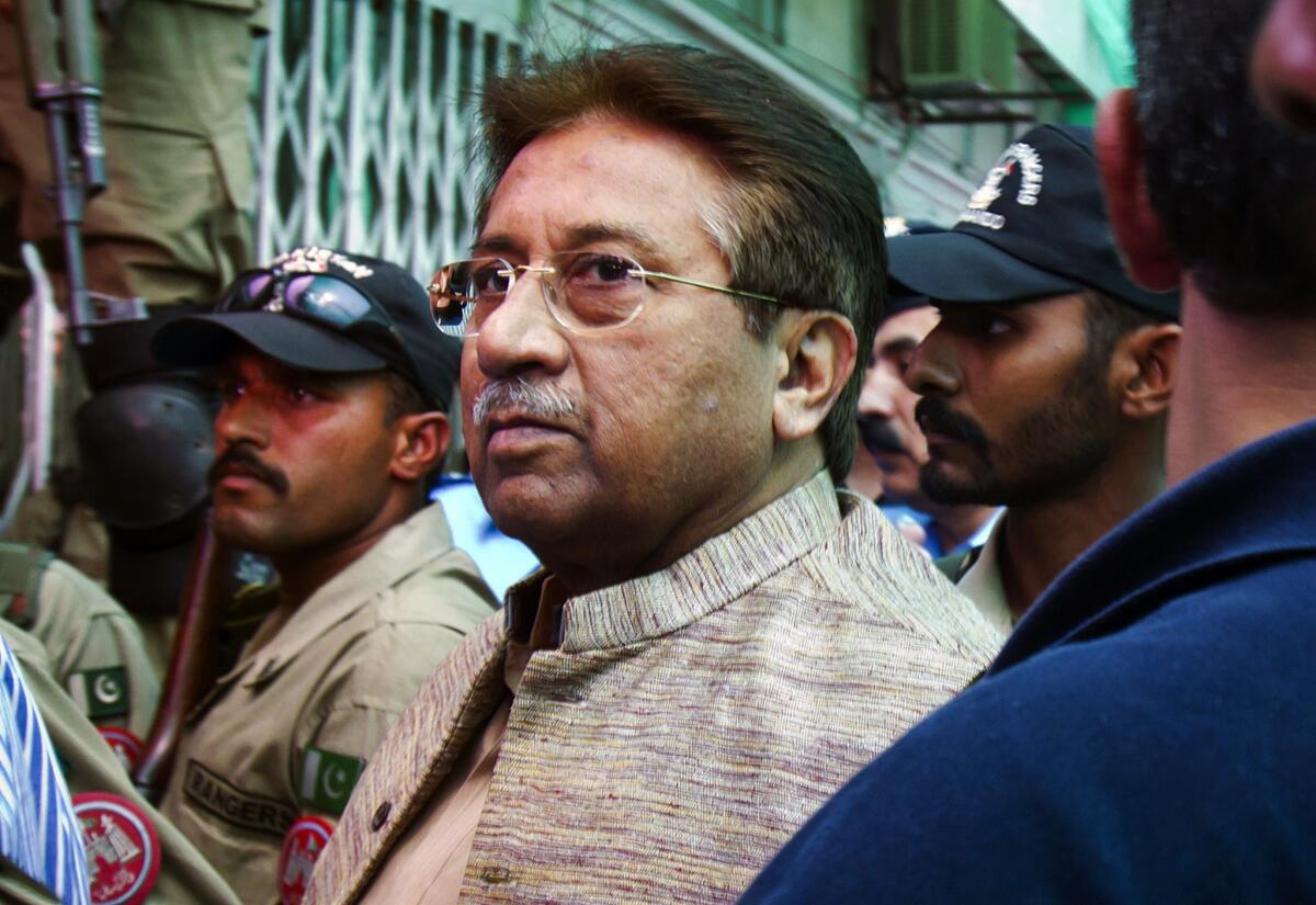Pervez Musharraf arrives at an anti-terrorism court in Islamabad, Pakistan.
