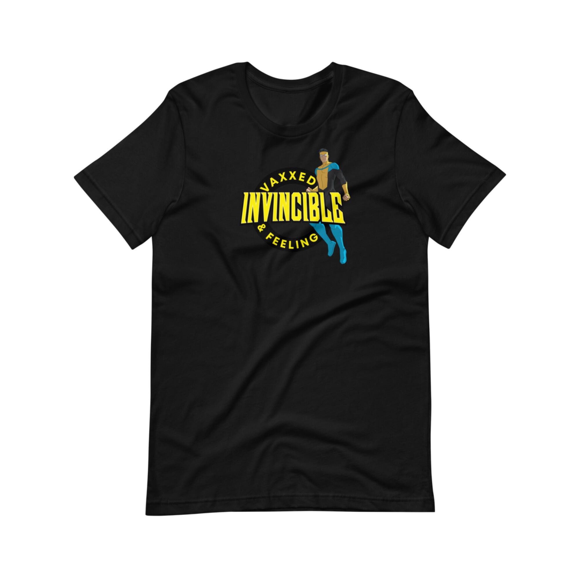 black T-shirt with 'Invincible' logo