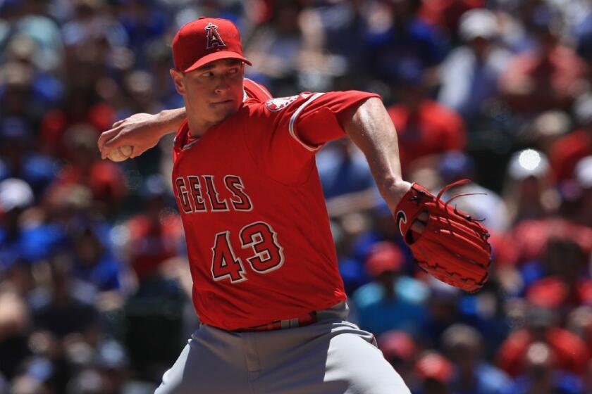Angels starter Garrett Richards pitches against the Texas Rangers on May 1.