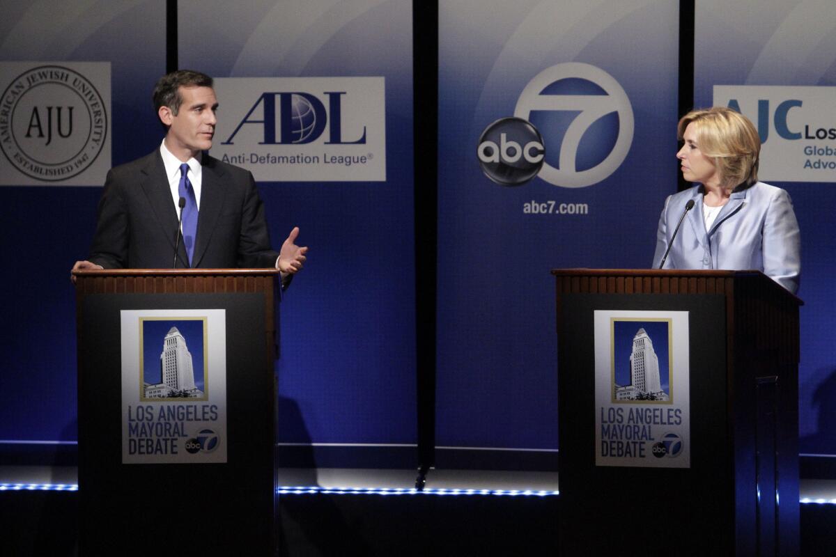 Mayoral candidates Eric Garcetti and Wendy Greuel in a debate last week at American Jewish University.