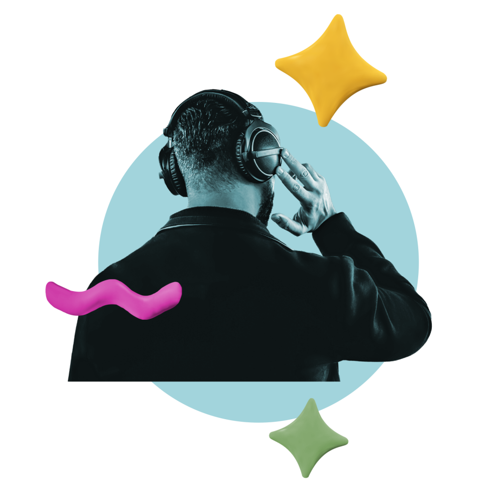 collage featuring a person listening to music with headphones