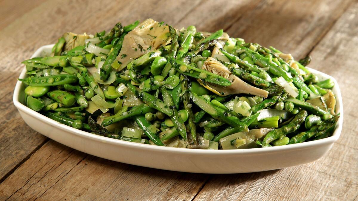 A spring sauté recipe from Evan Kleiman of 6 separately cooked spring vegetables. .