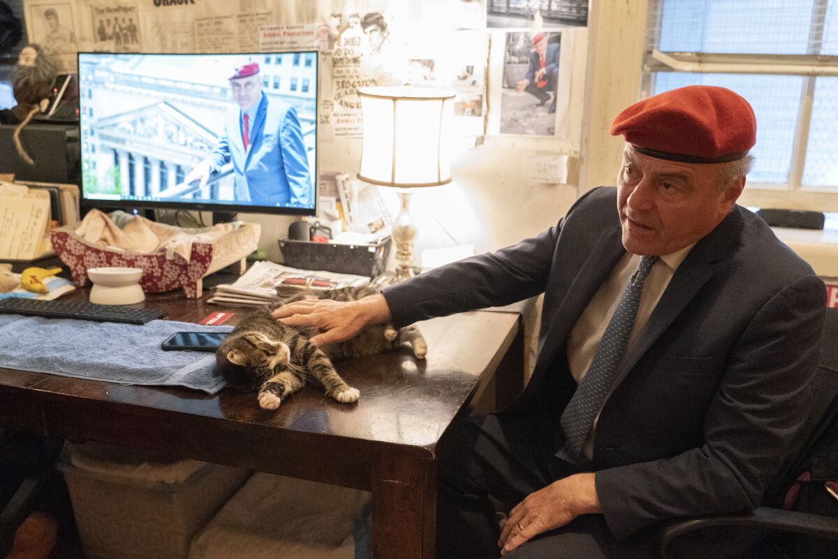 New York City Republican mayoral candidate Curtis Sliwa pets one of his cats as he speaks during an interview with The Associated Press in his apartment, Tuesday, Oct. 12, 2021, in New York. (AP Photo/Mary Altaffer)